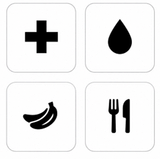 Pictograms for medical help, water, food and nutrition